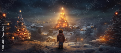 Christmas landscape. A little boy, looking at a christmas tree. Decorations and lights. Snowy day. Innocence of youth. Celebrating Christmas. Merry Christmas. Snowy. Nostalgia.
