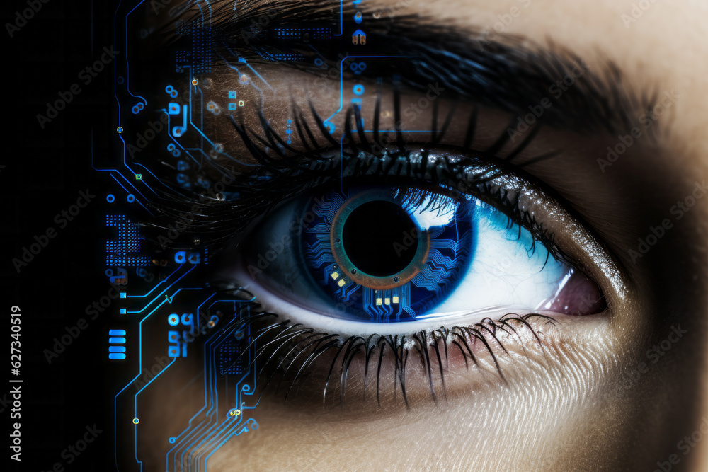 Human eyes with super high-tech machines built in , human enhancement or cyborg concept
