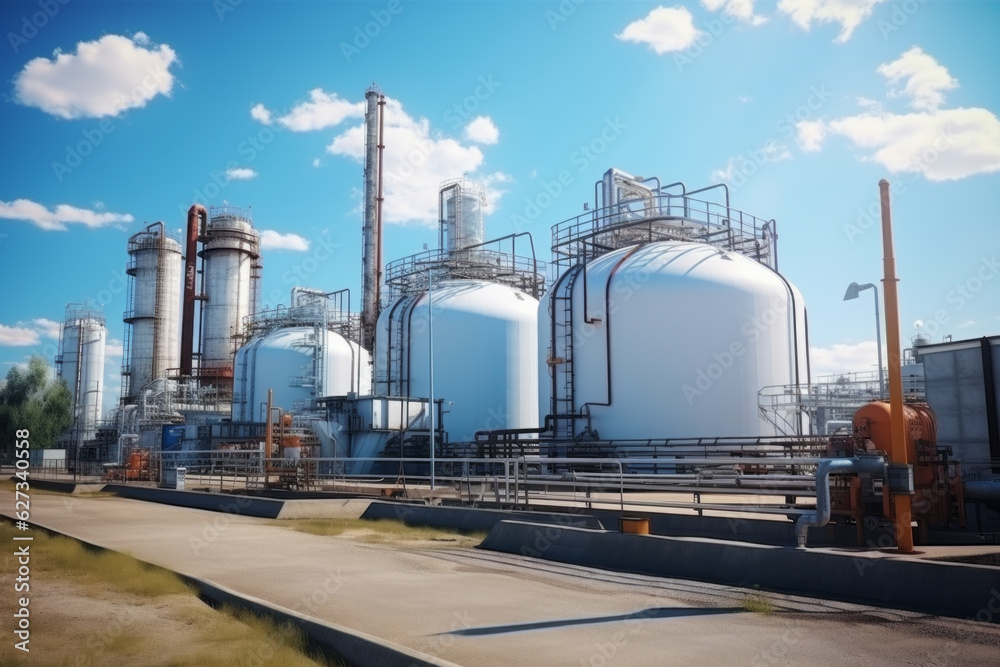 Outside an oil refinery. Pipes, oil, installations for oil. Factory. Energy. Oil. AI generation