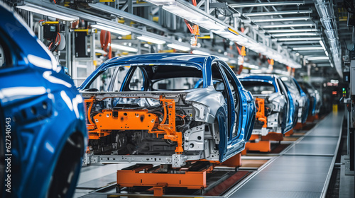 Mass production assembly line of modern cars in a busy factory photo