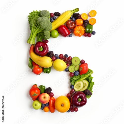 Number 5 made of fruits and vegetables   5 fruits and vegetables a day illustration concept