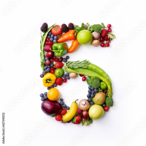 Fototapeta Naklejka Na Ścianę i Meble -  Number 5 made of fruits and vegetables , 5 fruits and vegetables a day illustration concept
