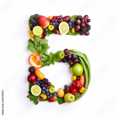 Number 5 made of fruits and vegetables , 5 fruits and vegetables a day illustration concept