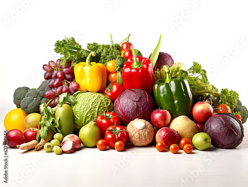 Composition with variety of raw organic vegetables and fruits.
