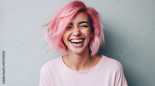 Print op canvas young laughing woman with pastel pink hair, tongue sticking out, blue eyes, peac
