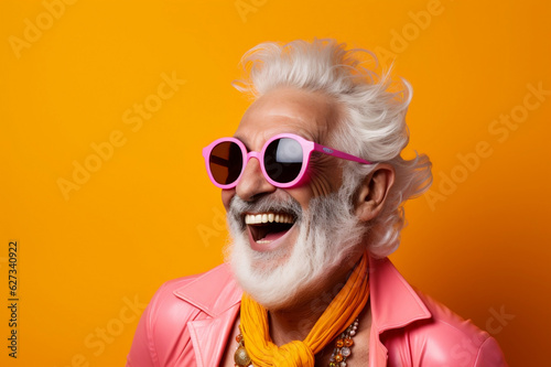 old man happy in sunglasses on orange background , golden age illustrations,  dark yellow and light magenta, ster © IgnacioJulian