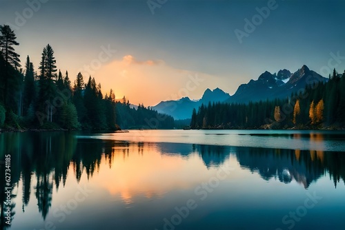 beautiful lakes in mountains generative by AI technology