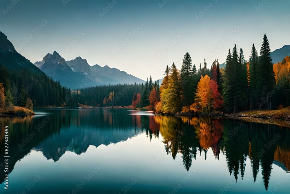 beautiful lakes in mountains generative by AI technology