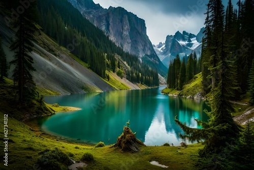 beautiful lakes in mountains generative by AI technology photo