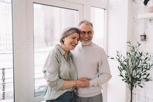 Cheerful senior couple hugging while spending time at home