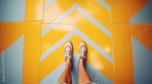 Feet and two arrows painted on floor 