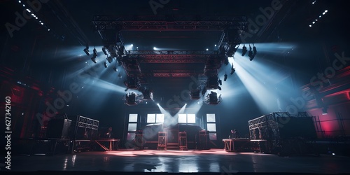 A Live stage production being built in an old warehouse. Stage rigging equipment, lighting trusses, and PA systems being carried in © Jing