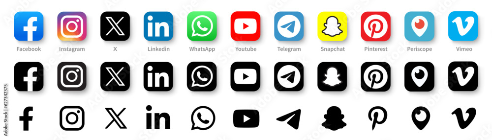 Realistic social media logotype collection: Facebook, X, instagram