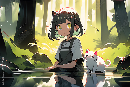 girl with chibi slime cat, blob, watercolor wash, lineart wash, nature, forest, big reflective eyesm sunlight, sunbeams viscous, dramatic, insanely detailed, 8k resolution, cinematic, dramatic atmosph photo