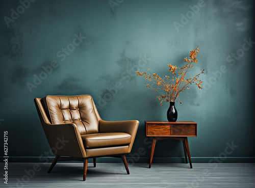 a chair in front of a blue wall, in the style of luxurious interiors, generative AI