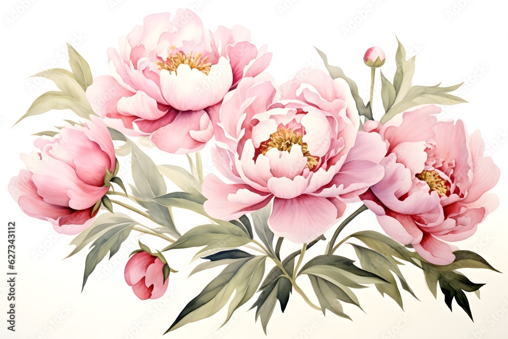 Elegant  watercolor peonies flowers isolated on 
white background. Floral  illustration created with Generative AI technology