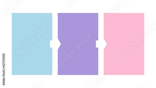 Three multicolored rectangular columns with arrows mockup. Empty banner or template with copy space. Three slides to present
