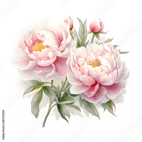 Elegant  watercolor peonies flowers isolated on  white background. Floral  illustration created with Generative AI technology