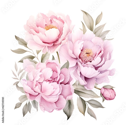 Elegant  watercolor peonies flowers isolated on  white background. Floral  illustration created with Generative AI technology