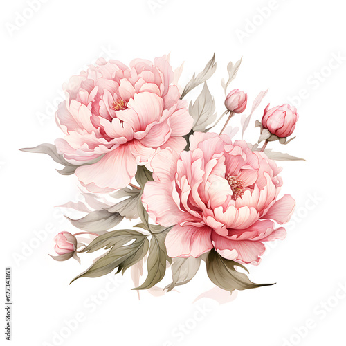 Elegant  watercolor peonies flowers isolated on  white background. Floral  illustration created with Generative AI technology