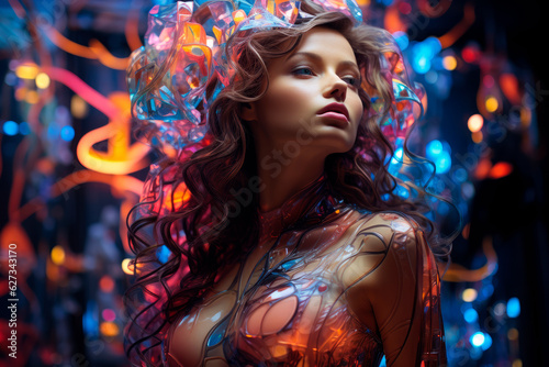 A beautiful synthwave girl is captured in a vibrantly surreal fashion photography style