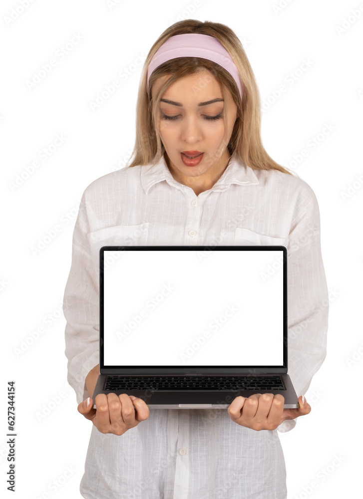 Shocked amazed young girl holding empty blank screen laptop notebook pc computer modern mock up. Looking display. Transparent png background. Technology, lifestyle, banner, advertising design. Shocked amazed young girl holding empty blank screen laptop notebook pc computer modern mock up. Looking display. Transparent png background. Technology, lifestyle, banner, advertising design.