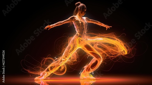 illustration of dancing woman with colorful bright neon lights around. dance school advertisement