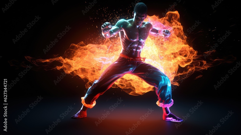 illustration of fighter. neon highlights and neon contour. Concept art, Digital painting. martial arts school ad