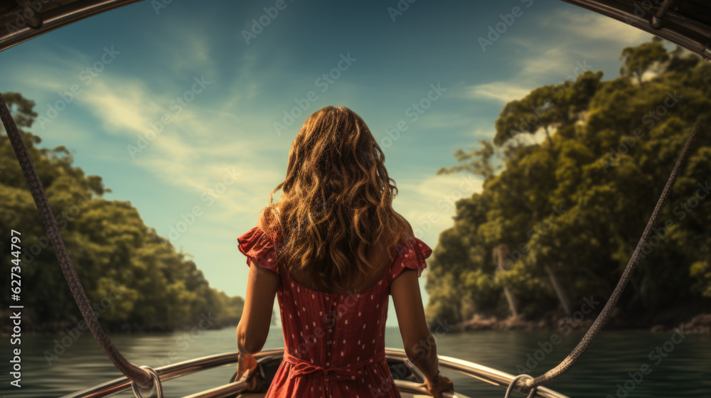 a young woman stands on a floating boat at sunset. back view. Generative AI