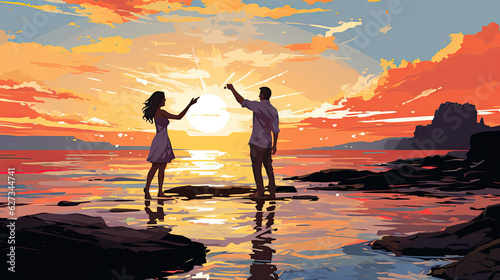 creative illustration of a young couple on a beach by the sea at sunset. Generative AI