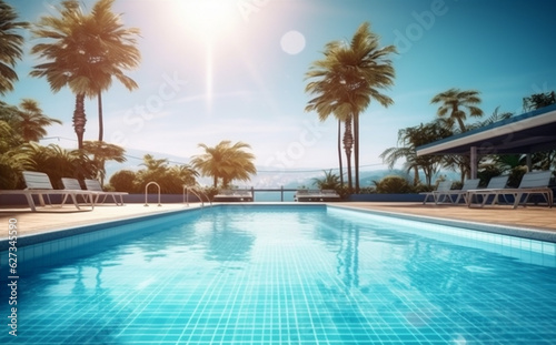 luxury blue palm pool swimming water home summer large relaxation. Generative AI. © SHOTPRIME STUDIO