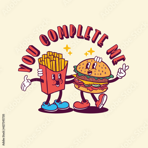 illustration of french fries and burger characters friends