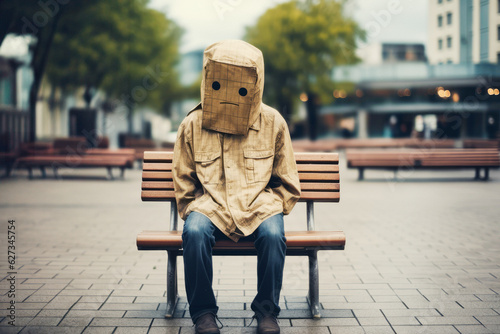 Concept of human isolation and loneliness. Feeling isolated and frustrated person sitting on bench. Man with covered face. Struggling with loneliness and depression