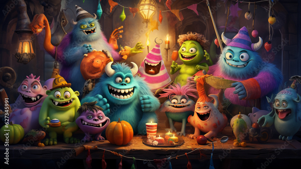 A group of friendly monsters hosting a Halloween costume party, surrounded by festive decorations. Generative AI