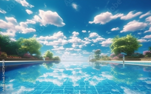 luxury swimming blue pool home relaxation palm large summer water. Generative AI.