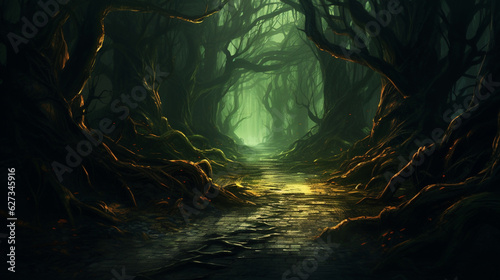 A chilling forest path with twisted trees and glowing eyes peering from the darkness. Generative AI © Maksym