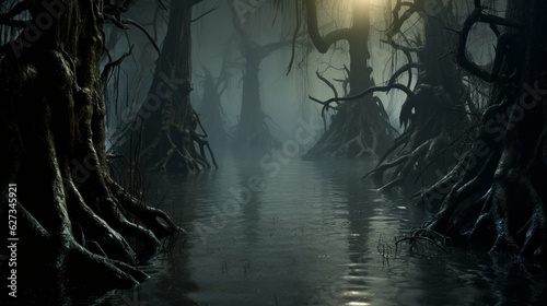 An eerie swamp with gnarled trees and fog, where mysterious creatures lurk beneath the surface. Generative AI