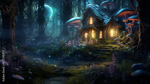 A witch's cabin deep in the woods, surrounded by magical plants and glowing mushrooms. Generative AI