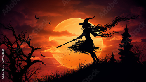 A witch flying on her broomstick across the full moon, silhouetted against the night sky. Generative AI
