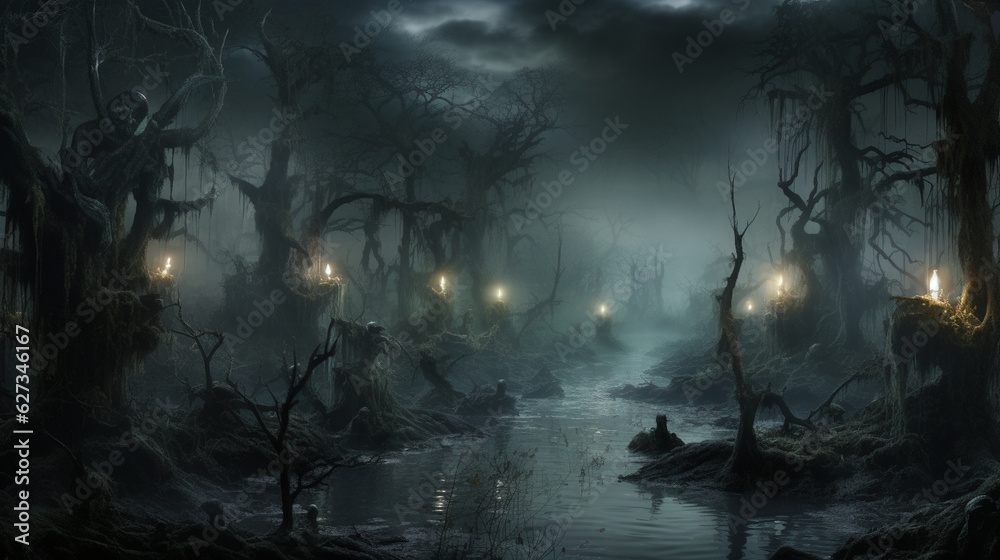 A creepy haunted swamp with will-o'-the-wisps leading the way through the mist. Generative AI