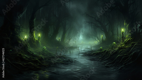 A creepy haunted swamp with will-o'-the-wisps leading the way through the mist. Generative AI
