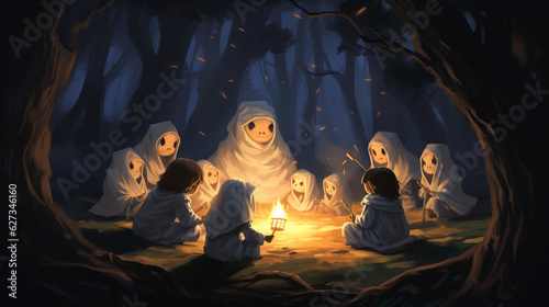 A group of children telling ghost stories around a campfire deep in the haunted woods. Generative AI