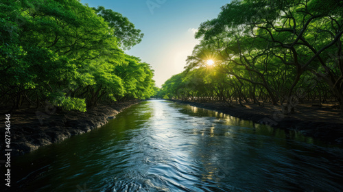 a long river with dense green trees on the sides where the sun shines through. Generative AI