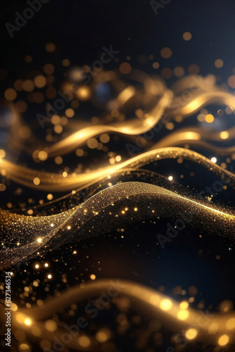 Shiny flow of glitter particles and bokeh golden shiny background on dark backdrop 