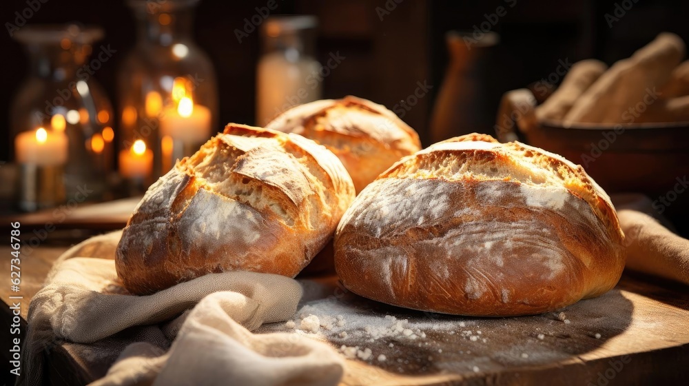 fluffy bread sprinkled with white sugar on a wooden table with blurred background fluffy bread sprinkled with white sugar on a wooden table with blurred background