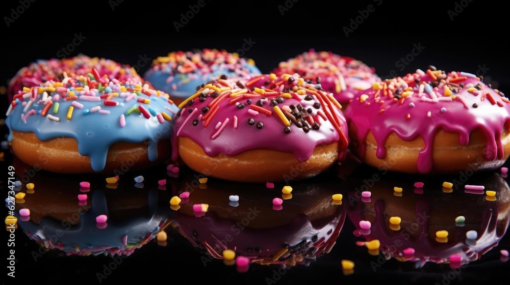 sweet donuts filled with melted chocolate and sprinkles with a blurred background