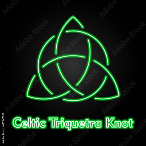 Celtic Triquetra knot neon sign, modern glowing banner design, colorful modern design trend on black background. Vector illustration.