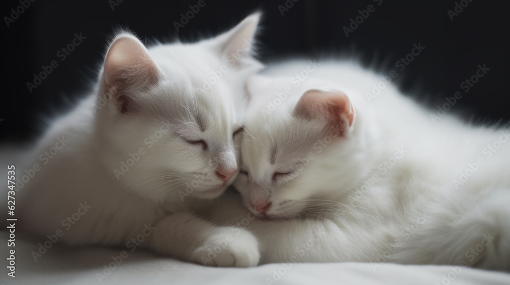Two white fluffy kittens sleeping side by side, leaning their muzzles against each other on a white blanket. Cute adorable pets cats. Postcard. Generated by AI