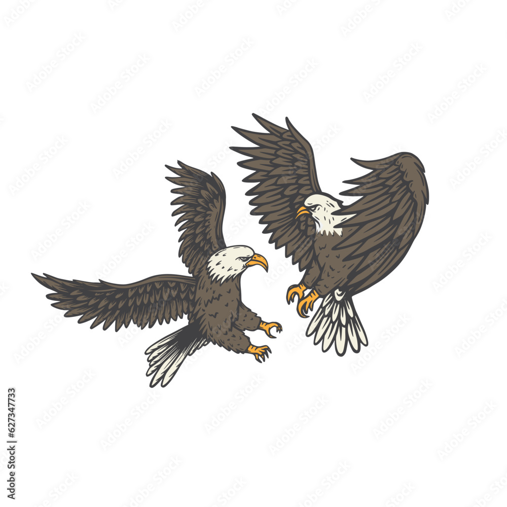 Obraz premium Bald eagle fighting at sky cartoon vector illustration