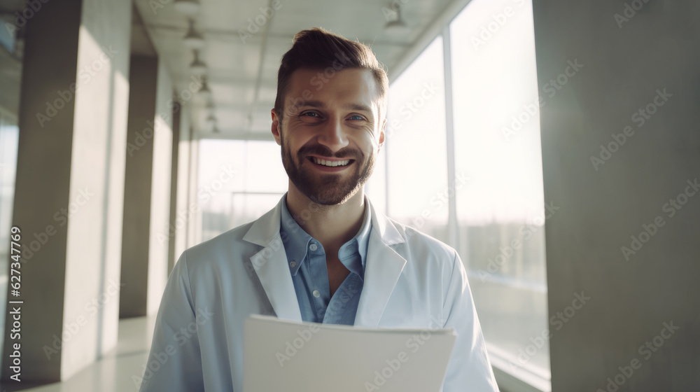 Fototapeta premium Hospital. Health care. Portrait of young smiling 30-year-old bearded caucasian man doctor wearing white medical coat with stethoscope around his neck, looking at camera. Hospital Corridor, AI